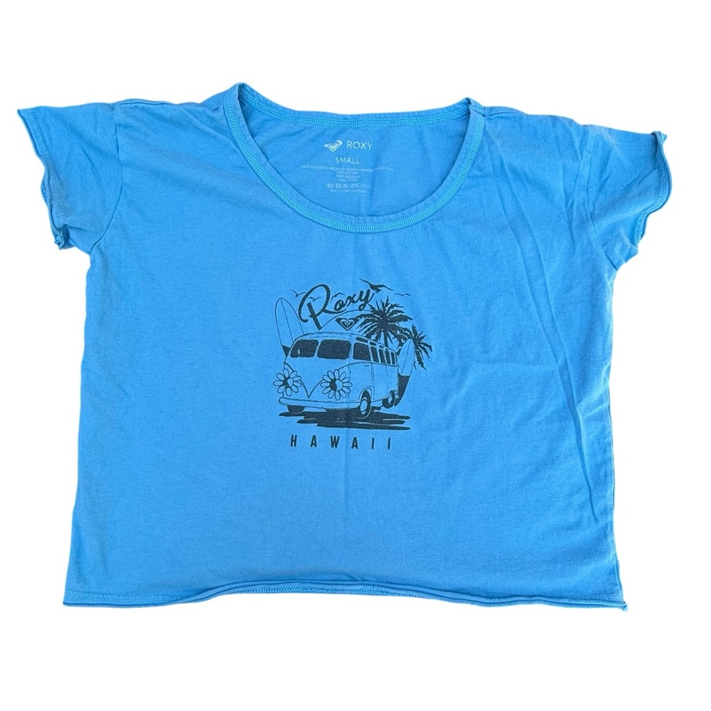 Vintage Roxy Womens Small Top Graphic T-Shirt Cut Off Surfer Blue Coastal Crew